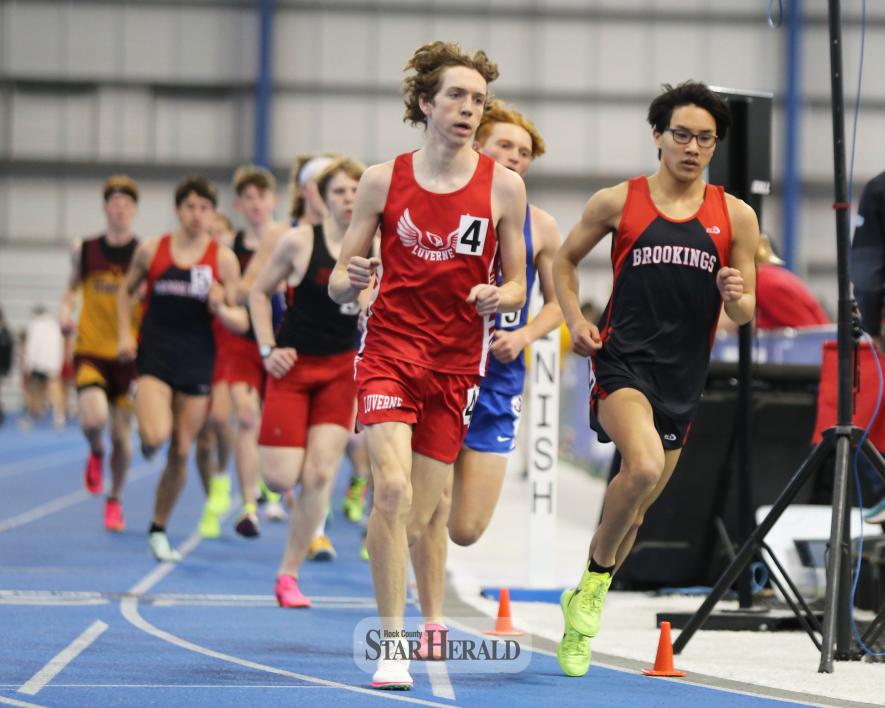 Senior Ryan Fick paces himself in the boys’ 1600-meter run Monday, April 1, in Brookings. Fick finished the event in third place with a personal record time of 4:37.85.