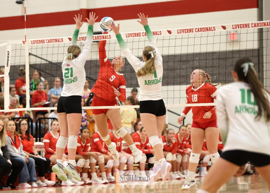 Greg Hoogeveen photo/LHSvolleyball5 Luverne junior Tenley Behr, No. 9, elevates herself for a spike against Pipestone Tuesday, Sept. 2, in Luverne. LHS fell 3-1 to the Arrows in the match.