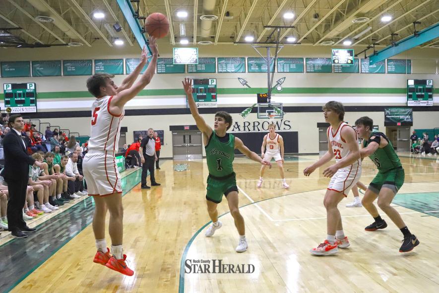 Cardinal senior Carter Sehr launches a three-point shot against Pipestone Friday, Jan. 17, in Pipestone. Luverne beat the Arrows 73-54 in the game.
