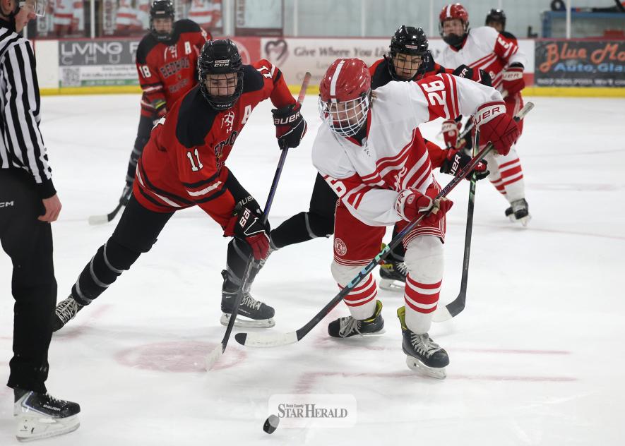 Greg Hoogeveen photo/LHSBHOC2 Cardinal senior Jude Hoven tries to gain control of the puck after a faceoff with Fairmont Tuesday, Jan. 20, in Luverne. LHS took down Fairmont 14-0 in a lopsided game.
