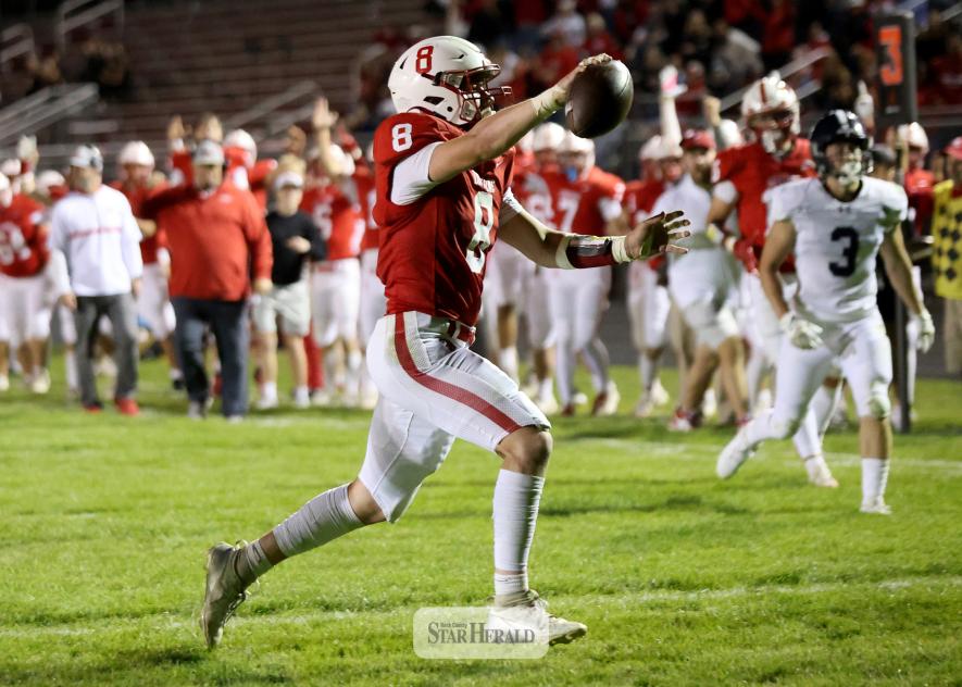 LHS senior Landyn Lais goes into the end zone untouched for six points against Jackson County Central Thursday, Oct. 9, at home. LHS fell 44-13 in the game.