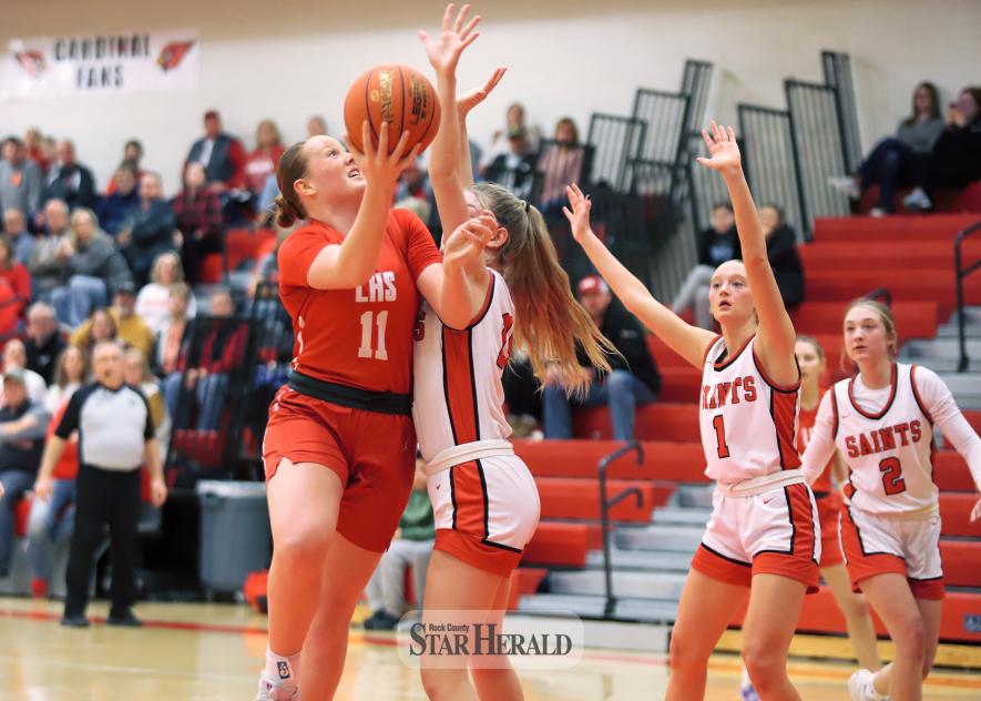 LHS freshman Taya Johnson looks for a layup against a Saints defender. Johnson finished with 28 points and 12 rebounds in the 61-60 loss to St. James Jan. 24 at home.