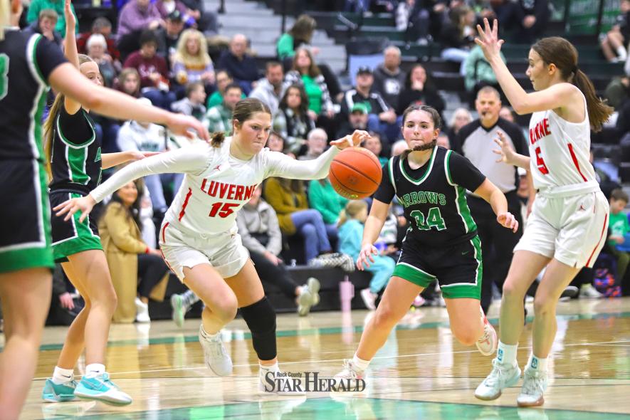 LHS senior Maria Rops chases down a rebound under the Luverne hoop against Pipestone Friday, Jan. 17. Luverne fell to the Arrows 67-37.