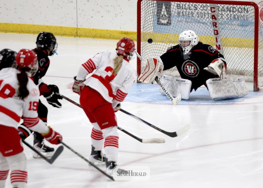 Luverne junior Tenley Behr, No. 3, lifts the puck just over the Worthington goaltender blocker pad to record her 100th career point in a Cardinal jersey Nov. 25 at home. Behr had two goals and one assist in the Cardinals’ 7-0 win over the Trojans.