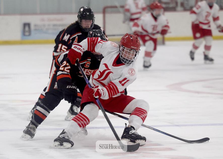 Greg Hoogeveen photo/LHSGHOC3 LHS sophomore Ellie Van Batavia cuts to the net with the puck against Marshall Friday, Jan. 31, in Luverne. Marshall beat the Cardinals 6-1 in the Big South Conference Championship game.