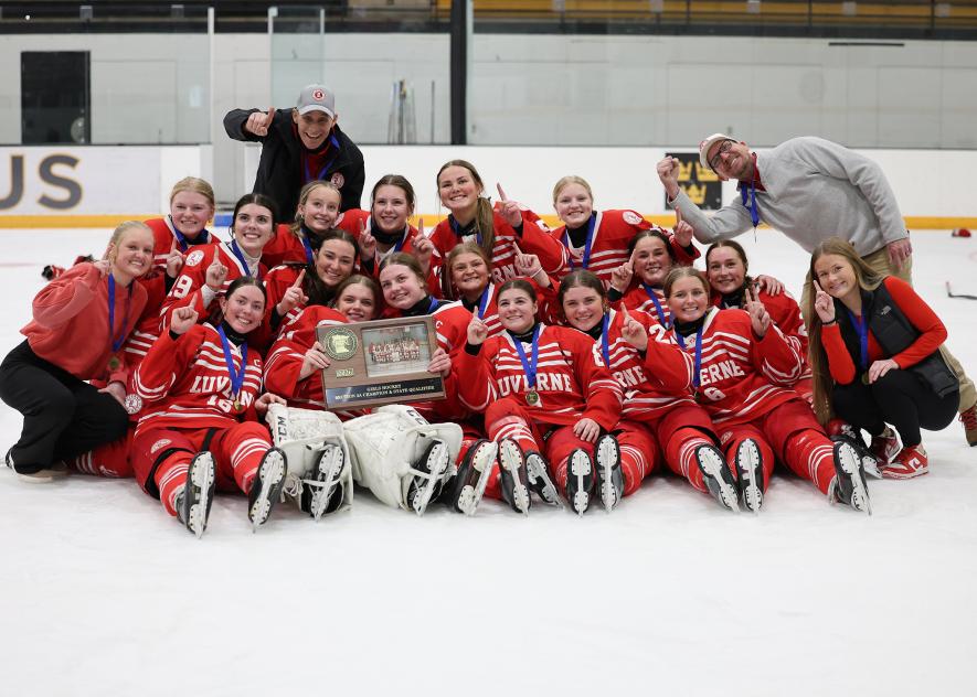 Members of the 2025-26 girls’ hockey team gather for a game winning photo after beating Marshall 3-2 in the section championship Feb. 10. Pictured are (front left) junior Macie Edstrom, senior Emma Saarloos, senior Greta McClure, senior Ella Apel, junior Rylee Kurtz, sophomore Kassidy Sarrloos, team manager sophomore Emma Holwell; (middle) team manager senior Hadley Vanderburg, senior Hannah Woodley, junior Izzy Steensma, junior Tenley Behr, sophomore Ellie Van Batavia, freshman Tenlee Pick, (back) freshman