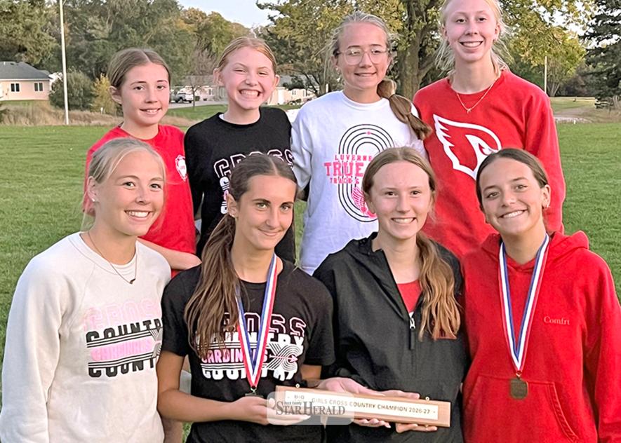 Submitted photo LHS girls cross country team takes first place at the Big South Conference meet Oct. 20 in Jackson. Pictured are (front, left) senior Olivia Lund, senior Khloe Visker, sophomore Summer Mollberg, sophomore Sophia Nolz, (back) eighth-grader Tyleigh Hood, seventh-grader Nevaeh DeBoer, freshman Emary Zwaan and sophomore Harper DeWispelaere.