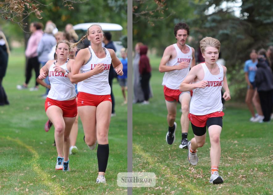 Left photo: LHS junior Olivia Lund (front) and sophomore Grace Kempema push to the finish line in Adrian Tuesday, Oct. 7. The Luverne girls’ varsity 5,000-meter team finished in second place in the meet. Right photo: Cardinal cross country senior Riley Ripka (front) and Zander Fountain stride to the finish line. The Luverne boys’ 5,000-meter varsity team finished in sixth place at the meet.