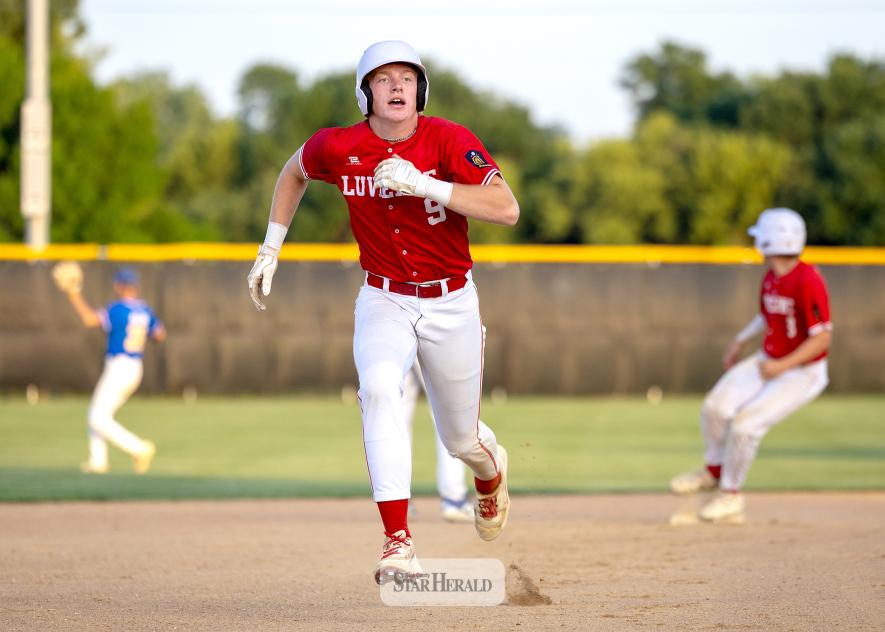 Greg Hoogeveen photo/SL1 Maddox Miller heads for third base with Landyn Lais rounding second base against Windom Monday, July 6, in Luverne. The Luverne Senior Legion baseball team handily beat Windom 10-4 in the contest.