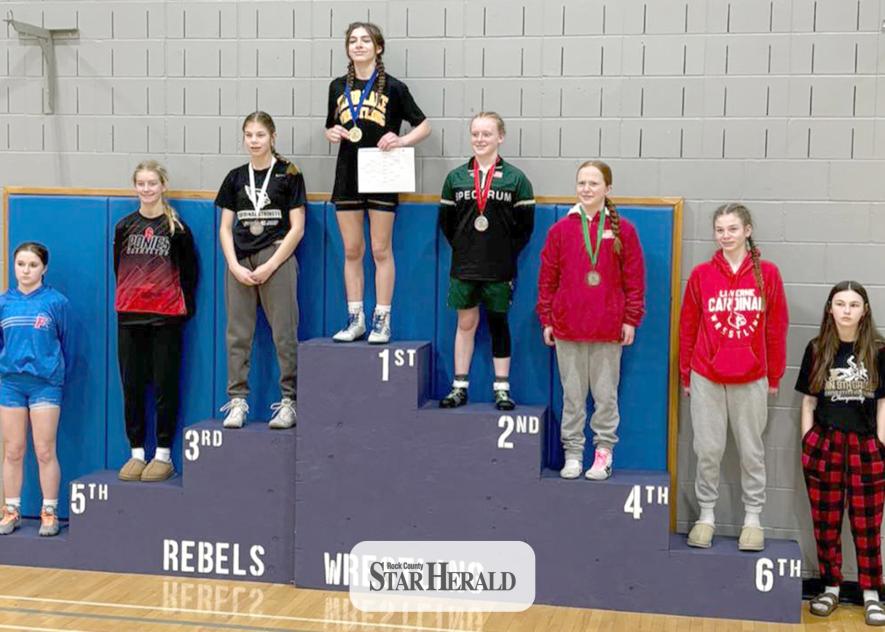 LHS eighth-grader Ellie Rock, second from right, placed sixth in the 2025 Minnesota Girls Wrestling League ninth grade and under state individual tournament in Champlin Saturday, Feb. 1.