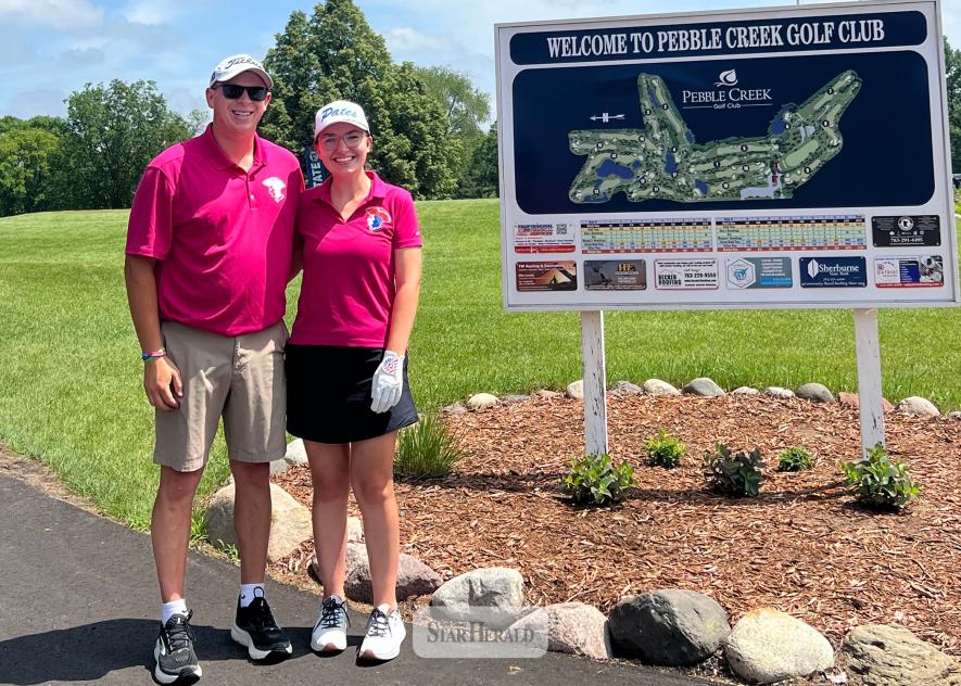 Hills-Beaver Creek’s Abigayl Olson, pictured with her coach Dylan Gehrke, placed 44th at the Minnesota State Golf Tournament in Becker June 9-10. (Shared image)