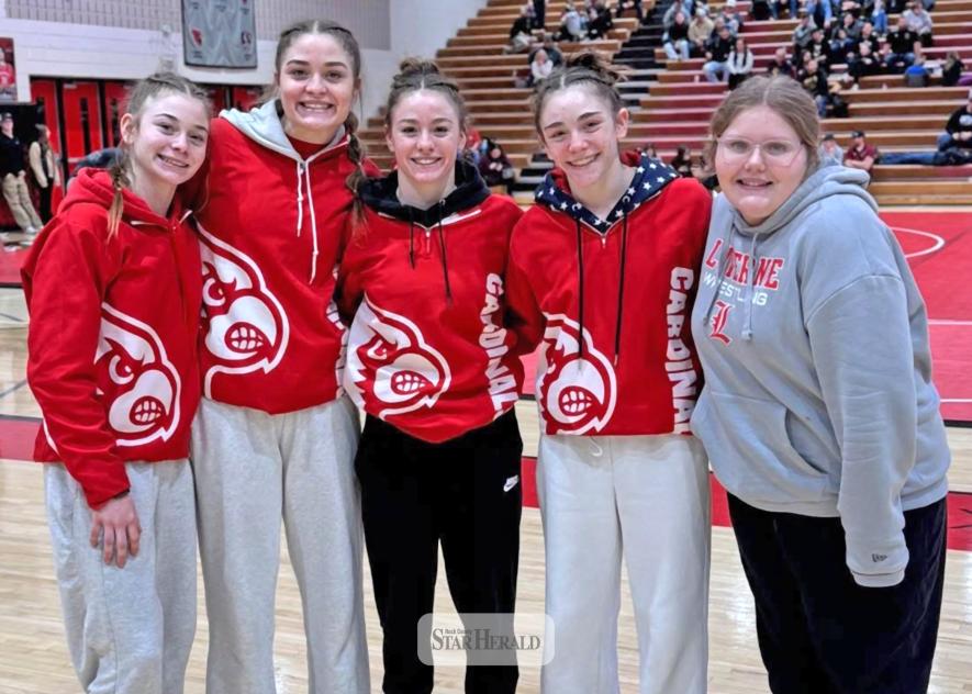 submitted photo Luverne girls’ wrestlers shine at the section individual tournament Feb. 6-7 in Redwood. Pictured left to right: freshman Ellie Rock – state qualifier, junior Bernie Rock – state qualifier, senior Bernie Rock – state qualifier, seventh-grader Mary Rock – 5th place finisher and seventh-grader Gemma Zix – 5th place finisher.