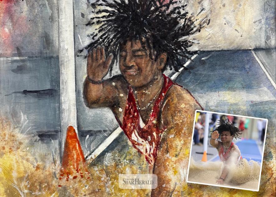 Photo of an original watercolor painting by Vicki (Frahm) Ewald based on the Star Herald 2025 spring sports photo by Greg Hoogeveen taken of LHS Jaymyn McLaughlin Ewald used as inspiration for her watercolor painting.