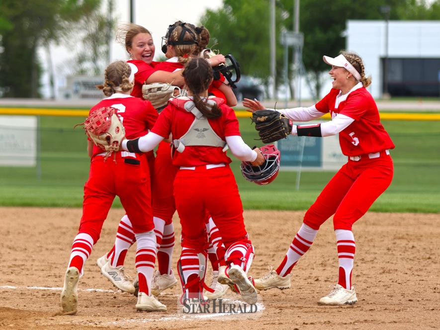 The Luverne softball team gathers at the pitcher’s mound to celebrate their big win after defeating Morris Area 2-1 in the section tournament Saturday, May 25, in Marshall. Luverne was scheduled to face Dassell-Cokato Tuesday, May 28, in the section semifinals at the Marshall Softball Complex.