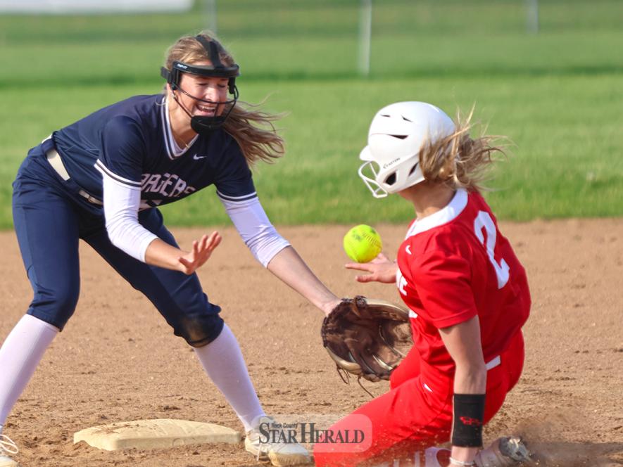 LHS junior Ella Reisdorfer slides into second base safely against Dassel Tuesday, May 28, in the Section 3AA semifinal game. Luverne fell to Dassel-Cokato 6-2 in Marshall.