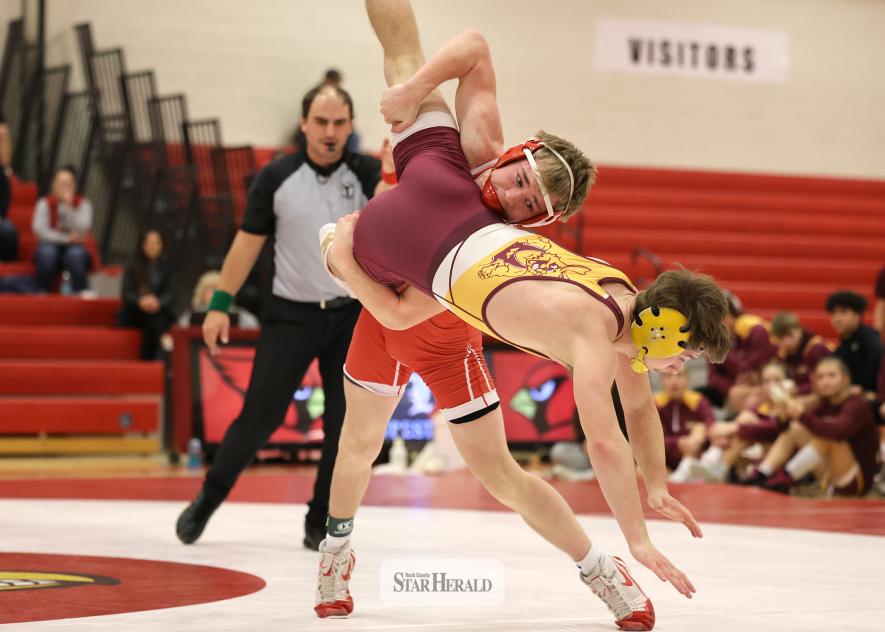 Greg Hoogeveen photo/wrestling3 Freshman Ty Kopp takes his Wabasso opponent to the mat in the 133-pound match Tuesday, Jan. 13, in Luverne. Wabasso won the dual 36-27 against Luverne.