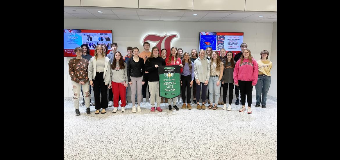 Students in Amy Sahly’s English classes competed in the Fall 2023 Vocabulary Bowl, with Luverne High School earning the state championship with the completion of 11,000 words. Posing with the championship banner are (front row from left) Zoey Berghorst, Cassi Chesley, Emma Lusty, Skylar VanderSteen, Hallie Pergande, Zariah Holmgren, Sarah deCesare, Ella Reisdorfer, Anika Boll, Madison Hansen, Caitlin Kindt, (back) Brendan Eidem, Liam Murphy, Sage Viessman, Zach Brown, Conner Connell, Belle Smidt, Payton Beh