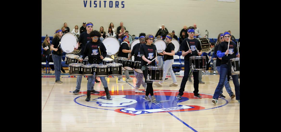 Members of the Hills-Beaver Creek Drumline perform Friday night with equipment recently purchased with grant from the Frank Boon Trust. Drumline members include (from left) Kyler Hartz, Gavin Voss, Taty Williams, Keiton Koller (bass), Norah Top, Charlee Donth (snare), Karissa Kerkhove-Brandt (bass), Elliott Morris (snare), Tahliya Kruger and Sarah Prohl (snare). Greg Hoogeveen/Rock County Star Herald Photo