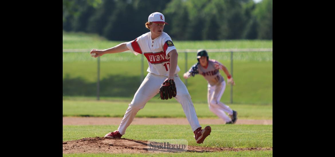 Maddox Miller delivers a pitch to a Pipestone batter Monday, June 24, in Luverne as a baserunner tries to steal second. The runner was thrown out and Luverne won the game 11-5.