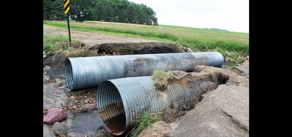 Five gravel roads in Magnolia Township were damaged during the June 21-22 flood event with two of the roads receiving emergency repairs to allow local traffic. However, three of the roads required more extensive repairs. For example, one of three large culverts under the roadway on 121st Street was washed away when Elk Creek flooded. The culvert was located a quarter mile downstream. Mavis Fodness/Rock County Star Herald Photo