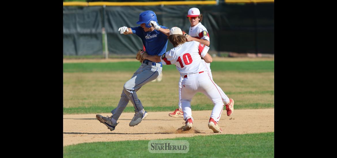 Blake Sauer places a tag on an Adrian player heading to second base. Luverne beat Adrian 7-0 at home Monday, July 8.