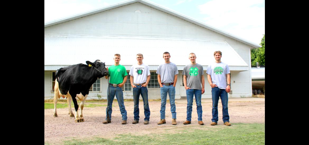 Since 2004 at least one son of Philip and Theresa Raak has shown a dairy heifer and/or cow at the Rock County Fair. The Raak brothers are (from right) Matthew, Andrew, Joshua, Jacob and Caleb, whose 4-H participation sunsets after this week’s Rock County Fair. Mavis Fodness/Rock County Star Herald Photo