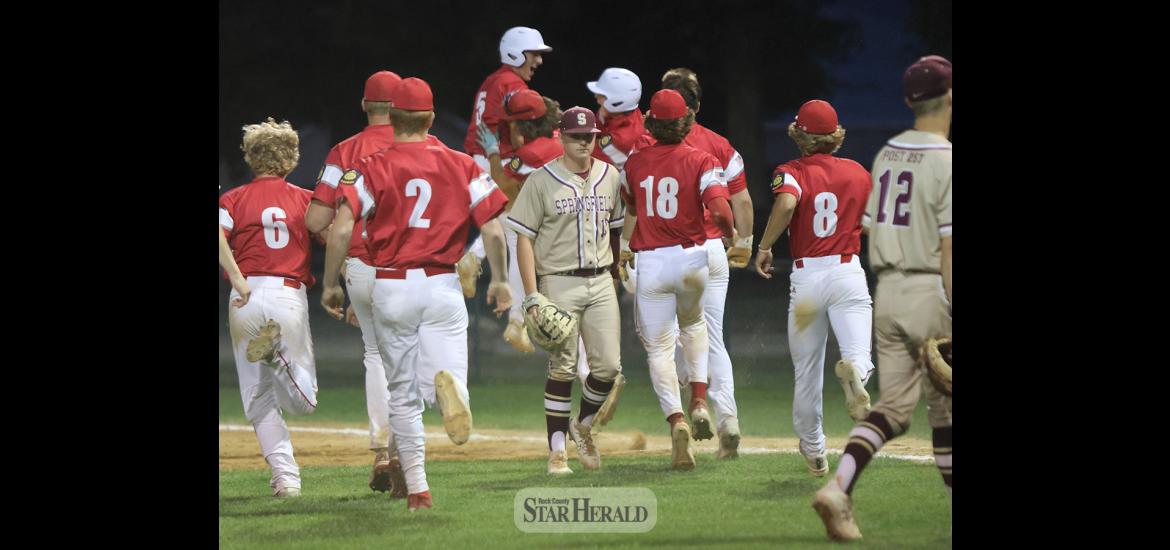 The Luverne Senior Legion team rushes the field to celebrate their 1-0 sub state win against Springfield. Luverne pulled off the win in the bottom of the seventh inning with a walk-off single by Carter Sehr, driving in Maddux Domagala for the score.