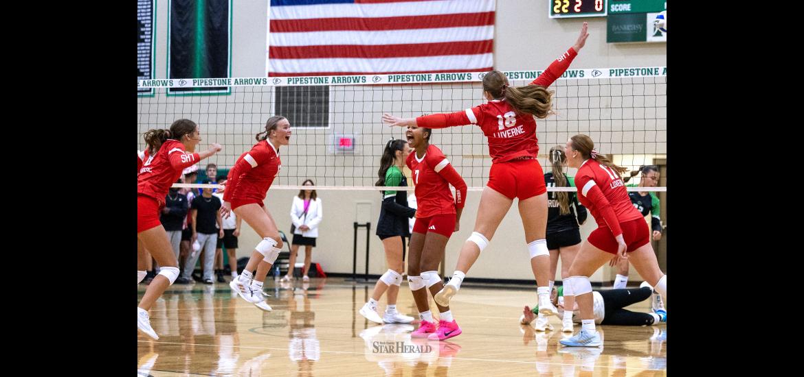 Greg Hoogeveen photo/0917LHSVB1 The Luverne Cardinals celebrate their third set win against Pipestone Tuesday, Sept. 10. Pipestone took the first two sets and the Cardinals rallied to capture the next three for the win.