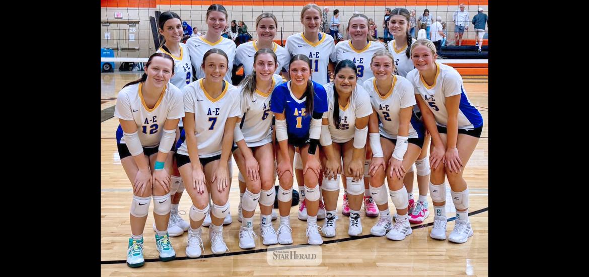 The Dragons  volleyball team  poses for a photo at the Jimmy John’s Tournament in Marshall Oct. 10  after placing  second in the event.   Players are (front left to right) Kaci Palmer, Kadelyn Cummings, Jordan Kruger, Kaedyn Bullerman, Francell Lopez Rodriguez, Ava Brown, Kamry Lehnhoff (back) Jacy Diekmann, Lily Rodrigue, Audrina Tiesler, Charlee Lehnhoff, Taylor Luing and Ashton Van Ede. (Shared image)
