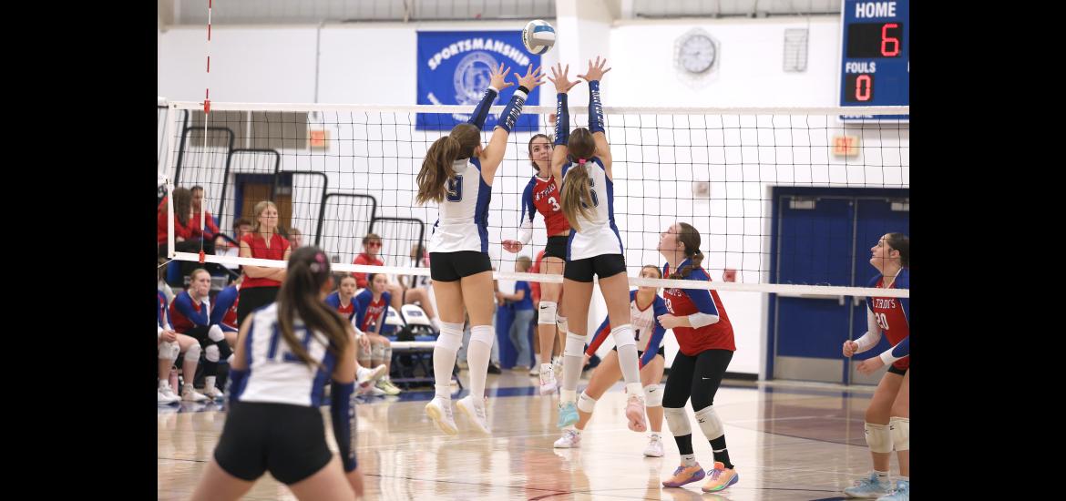 Greg Hoogeveen photo/HBCVB1 H-BC senior Olivia Deelstra sends a rocket past two Garretson players Oct. 15 on the road. The Patriots won the match 3-0. 