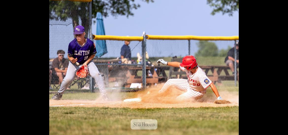 Korbin Miles slides into third base safely against Slayton in Division II Sub-State Tournament action July 21 in Ruthton. Luverne fell 6-4 ending their playoff run. Greg Hoogeveen photo/JuniorLegion1