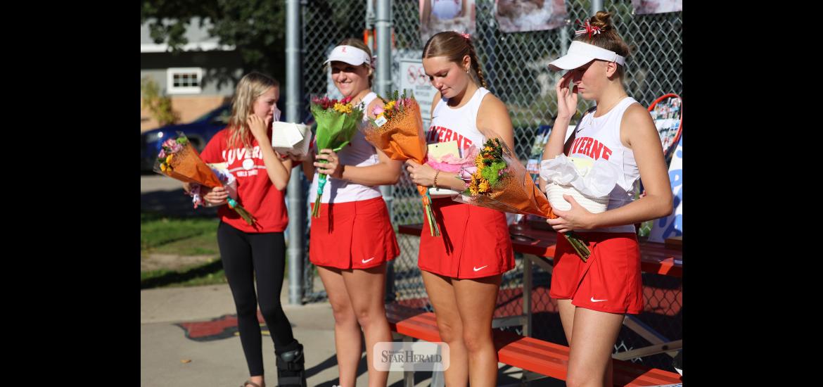 Greg Hoogeveen photo/1008LHStennis1 LHS tennis team celebrates senior night Oct. 1 in Luverne. Seniors Marlee Nelson-manager, left, Allyssa Evers, Olivia Ver Steeg and Sophia Remme receive flowers before the match with Marshall. LHS fell 6-1 to the Tigers.
