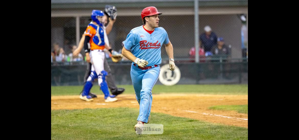 Redbirds Casey Sehr watches as his hit falls to the ground in center field against Sioux City Friday, July 24. The Redbirds fell 14-0 to the Squirrels in exhibition play at Redbird Field. Greg Hoogeveen photo/Redbirds1