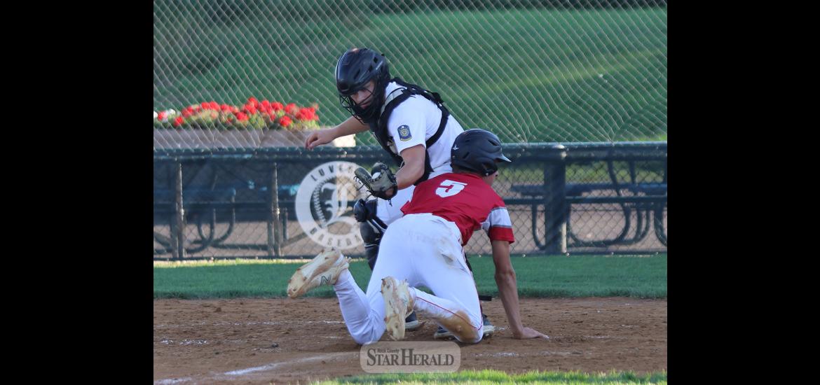 Carter Sehr successfully steals home against Minneota, beating the tag at home. Luverne won the Senior Legion game 9-6 at Redbird Field Tuesday, July 2.