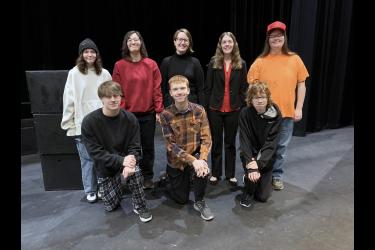 Eight Luverne High School students will present the one act play, “A Game,” Saturday afternoon at the subsection competition in Pipestone. They are Shane Travis (front, left), Elijah Henrichs, Thomas Held, (back) Isabella Benson, Makayla Oechsle, Brianna Kinsinger, Rebecca Hoogland and Hallie Pergande. Mavis Fodness/Rock County Star Herald Photo