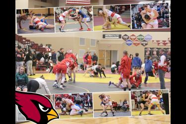 Rock CThe Luverne girls’ wrestling team participated in an all-girls tournament in Harrisburg Saturday, Feb. 3. In the center photos Luverne warms up with several teams before the tournament. Upper left to right: Sophomore Bernie Rock pins her first opponent in the tournament and takes home second place. Senior Brynn Boyenga works for hand control in her first match. Senior Julia Hoogland muscles her opponent to her back for a pin. Junior Andi Luitjens fights for an escape. Lower leftounty Star Herald Photo