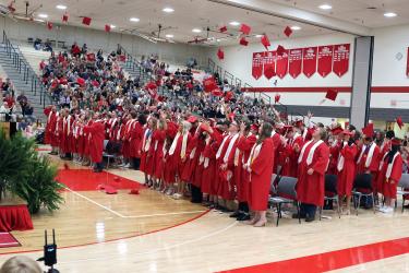 After receiving their diplomas, Luverne High School seniors throw their mortarboard caps in celebration. Greg Hoogeveen/Rock County Star Herald Photo