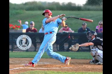 Redbird Newt Johnson breaks his bat with his powerful swing during Luverne’s 10-3 victory over Hadley July 10 at Redbird Field. Greg Hoogeveen/Rock County Star Herald Photo