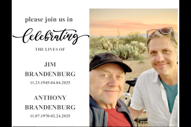 A celebration of life for the late Jim Brandenburg and his son, Anthony Brandenburg, will be at 10:30 a.m. Saturday, Aug. 16, at the Palace Theatre.