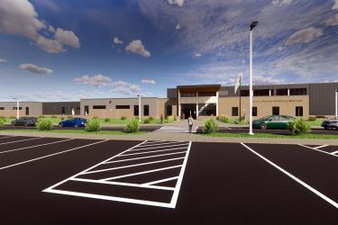 The proposed 57,400 square-foot Hills-Beaver Creek Elementary School will face southeast with access to the parking lot off the newly named Patriot Lane. Rendering courtesy of ATSR Inc.