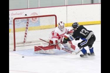 Cardinal senior Tyler Arends defends the goal against a Dodge County breakaway Friday, Dec. 22, in Luverne. Arends stopped 14 of 16 shots to help Luverne beat Dodge County 4-3