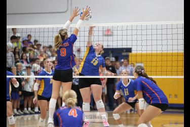 Greg Hoogeveen photo/0924A-EVB1 Dragon junior Taylor Luing sends the ball over the net against Candy Sept. 21 at home. A-E took down the Lancers 3-0.