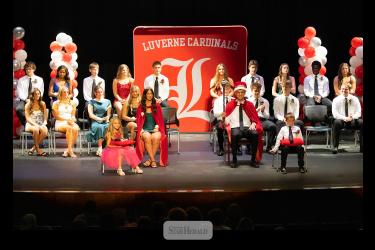 Luverne celebrated its Homecoming coronation on Monday, Sept. 28, at the performing arts center. Coy Thone and Macie Edstrom were crowned Homecoming king and queen. Pictured (front, from left), Nora DeBoer, Bryson DenHoed, (second row), Macie Edstrom, Coy Thone, (third row) Khloe Visker, Olivia Ver Steeg, Izzy Steensma, Kassidy Saarloos, Asher Barron, Matthew Gangestad, Ben Hartquist, Jackson VanMaanen, (fourth row) Kelby Schomacker, Reinha John, Andrew Wieneke, Samantha VanMaanen, Nolan Sneller, Emma Cowel