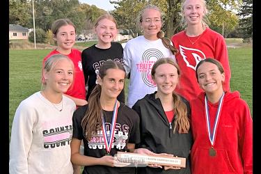 Submitted photo LHS girls cross country team takes first place at the Big South Conference meet Oct. 20 in Jackson. Pictured are (front, left) senior Olivia Lund, senior Khloe Visker, sophomore Summer Mollberg, sophomore Sophia Nolz, (back) eighth-grader Tyleigh Hood, seventh-grader Nevaeh DeBoer, freshman Emary Zwaan and sophomore Harper DeWispelaere.