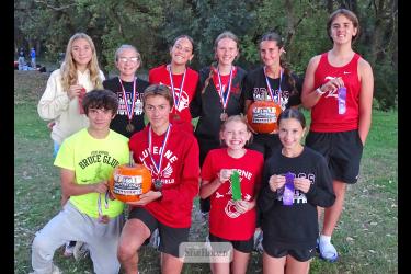 Angi Gangestad photo/LHSXC1 Several Luverne High School cross country athletes gather for a photo after the I-90 Invitational in Cedar Creek Park on Oct. 8. Athletes are (front row, from left) Kane Waddington, Marcus Papik, Nevaeh DeBoer, Hazel Mollberg, (back) Alexandra Gangestad, Emary Zwaan, Sophia Nolz, Summer Mollberg, Khloe Visker and Rory Nolz.