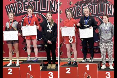 Sophomore Bernie Rock (left photo, center)  took first place in sections, and her sister freshman CeCe Rock (right photo, left) placed second in sections competition held in Redwood Falls Friday, Feb. 9. Both qualified for the 2024 State Tournament Feb. 29.