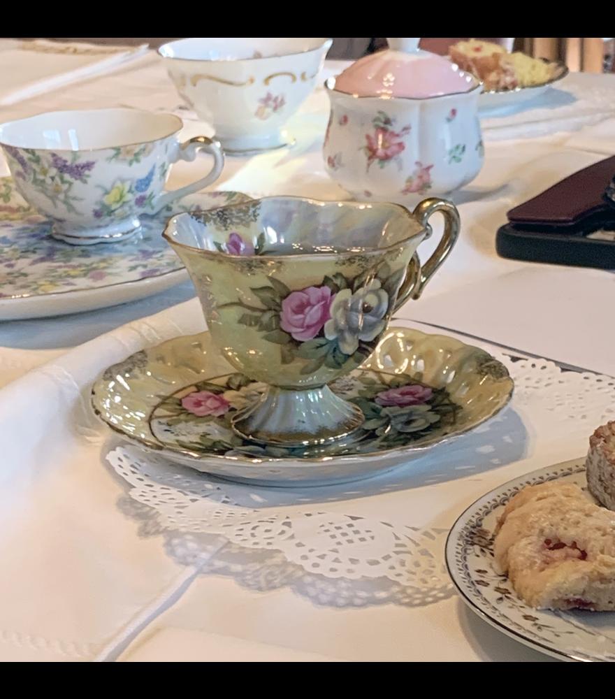 The vintage china used in Joy Taubert’s business, Sip of Joy, was purchased at various flea markets and thrift shops. She focused on collecting bold flower patterns on the dishes and cups. The china is available for rent through Taubert’s business, which serves tea and European desserts.